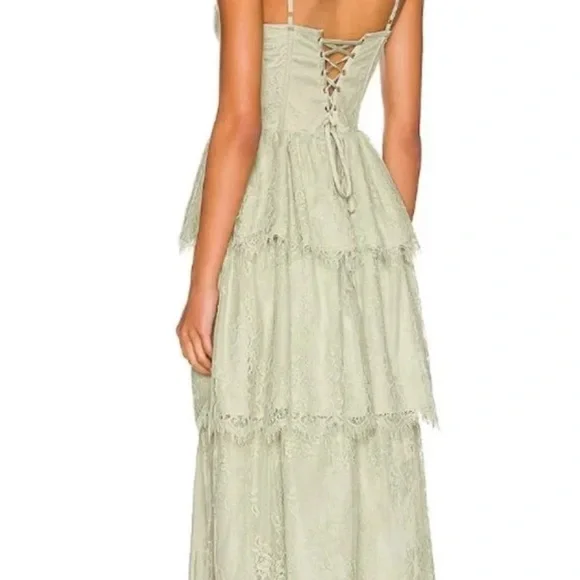 V. Chapman Mia Dress Sage Lace Tiered Midi Dress corset bustier Green Revolve 4 - Picture 2 of 10
